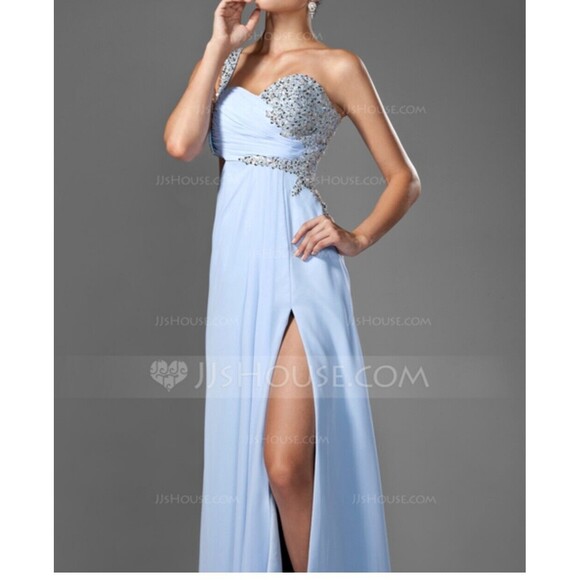 JJ's House prom gown one-shoulder chiffon beading sequin split-front cut-out wai - Picture 8 of 16